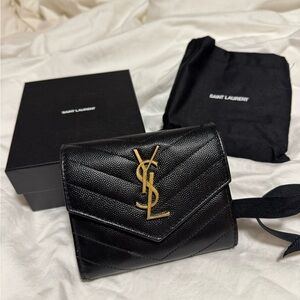 AUTHENTIC SAINT LAURENT Monogram YSL Caviar gold logo wallet black excellent